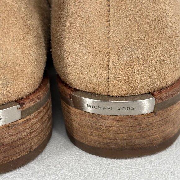 Michael Kors Suede Ankle Boots Size 6.5 Tan Leather Side Zip Block Heel Bootie - Picture 9 of 12